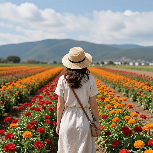 Photograph of a woman in a white dress and straw hat, standing in vibrant orange and red flower fields with mountains in the background under a blue sky