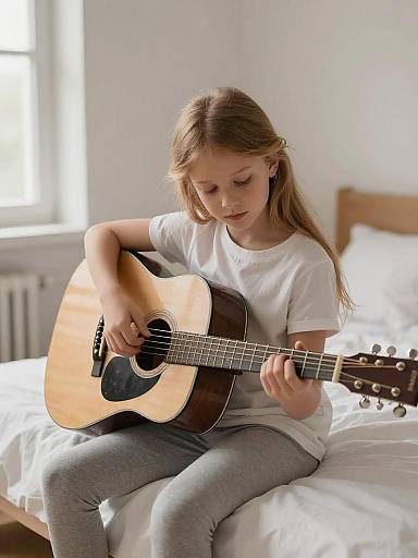 Young Girl Playing Acoustic Guitar Indoors