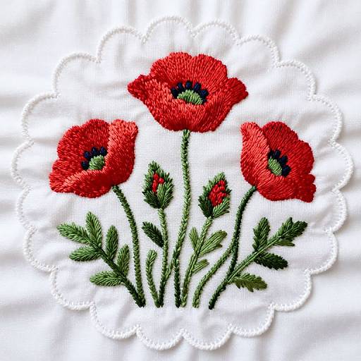 Vintage Hand-Embroidered Red Poppy Centerpiece