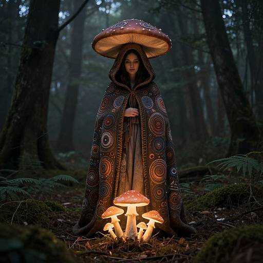 Photograph of a mystical woman in a forest, wearing a patterned cloak and giant mushroom hat, standing beside glowing mushrooms.