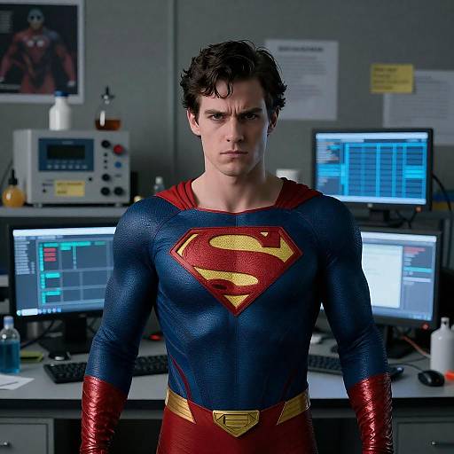 Young Man in Red and Blue Superhero Suit in Lab