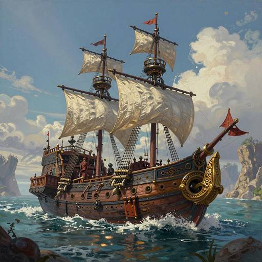 Detailed 2D Digital Painting of a Pirate Ship at Sea