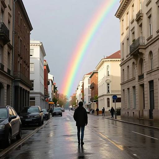 Photograph of a rainy city street with a person in a black coat walking away, flanked by buildings, and a colorful light streak rising into the
