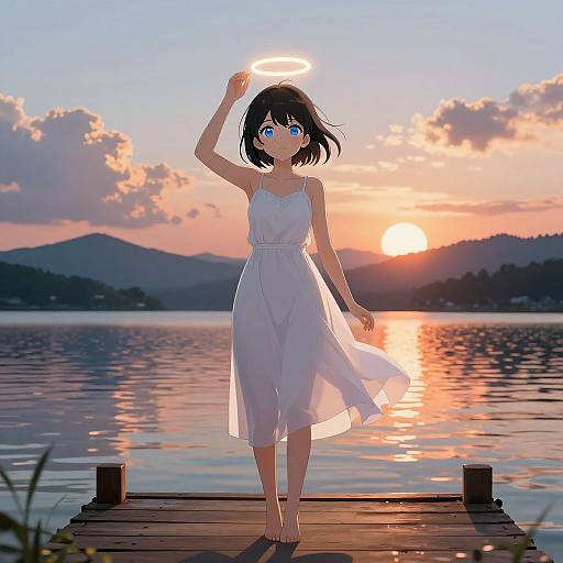 Anime Girl with Glowing Halo at Sunset