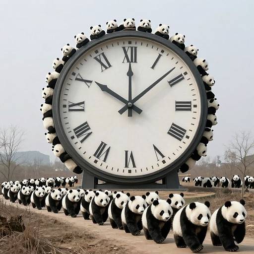 Photograph of a giant clock surrounded by a herd of walking pandas in a barren, outdoor landscape with leafless trees.