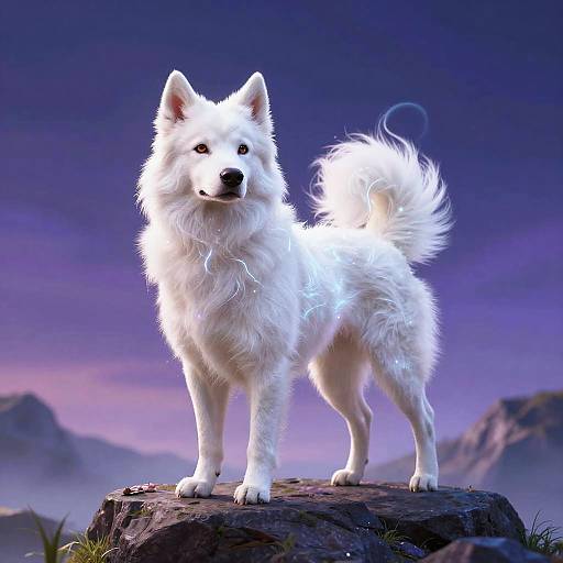 CGI image of a glowing white, fluffy Siberian Husky standing on a rocky outcrop against a purple, twilight mountain background.
