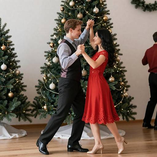 Festive Couple Dancing by Christmas Tree