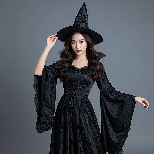 Photograph of an Asian woman with long dark hair, wearing a black witch hat and dress with wide sleeves, posing against a gray background.