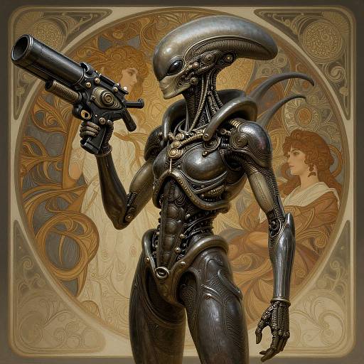 Digital artwork of a sleek, black, humanoid alien with a glossy exoskeleton holding a gun, set against an Art Nouveau-style background with two