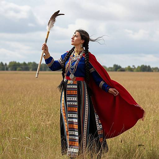 Photograph of a Native American woman in traditional attire, holding a feathered staff, standing in a grassy field with a red cape flowing in the