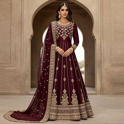 Photograph of a South Asian woman in a rich burgundy traditional lehenga with gold embroidery, standing in a stone archway.