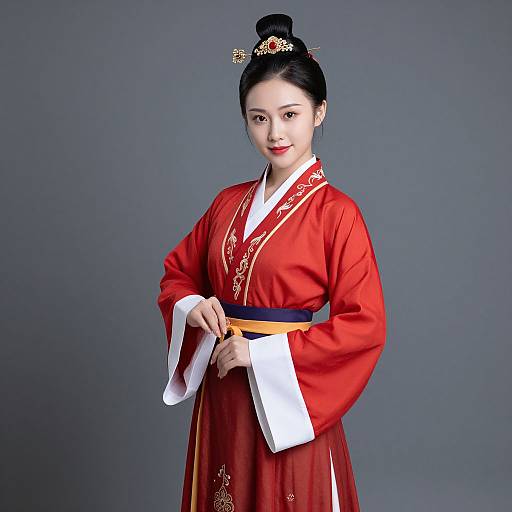 Photograph of an Asian woman with fair skin, black hair in a bun, wearing a red traditional Korean hanbok with white trim and gold embroidery