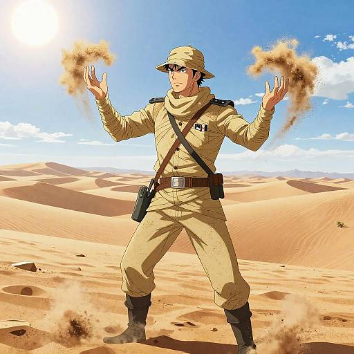 Anime-style digital drawing of a man in beige desert uniform, sunglasses, and hat, conjuring sand in both hands in a sandy desert under a bright