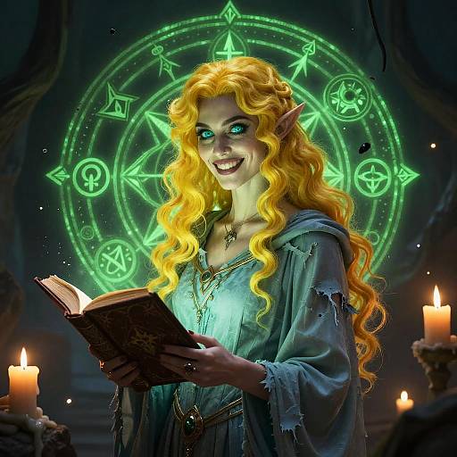 Digital fantasy artwork of a smiling, blonde elf woman with glowing green eyes, reading a book, surrounded by magical green runes and candles.