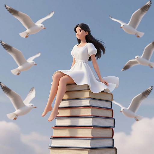 Digital art: Asian woman with long black hair, white dress, sits on tall stack of books, surrounded by flying seagulls, clear blue sky