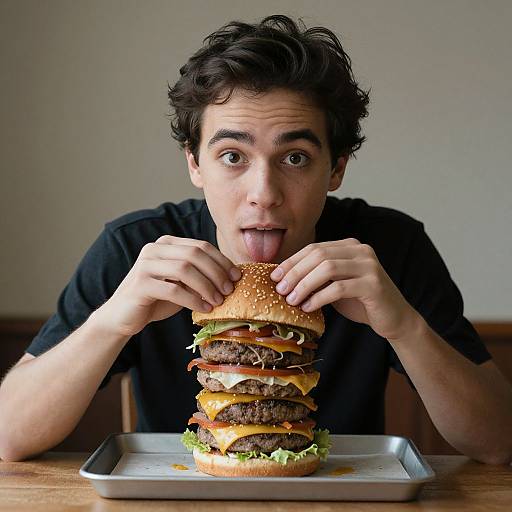 Photograph of a young man with curly dark hair, wide eyes, and tongue out, holding a towering, multi-layered cheeseburger on a tray