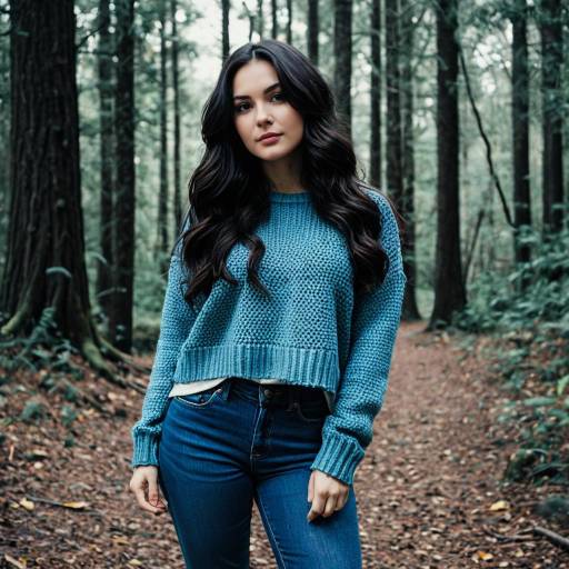 Young Woman in Blue Sweater in Forest