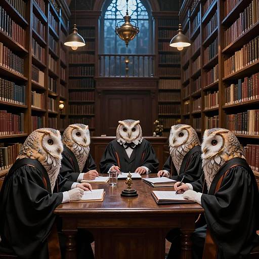 Photograph of four owls in black judicial robes seated at a wooden table in a dimly lit, book-filled library, writing documents. A ch
