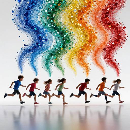 Digital artwork of six silhouetted children running, with vibrant rainbow splatters in the background, creating dynamic energy and movement.