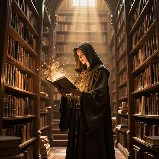 Photograph-like digital artwork of a hooded woman in a dark robe, surrounded by bookshelves, casting magical sparks from an open book in a