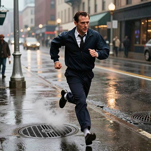 Photograph of a determined man in a navy suit and tie, running on a wet, rain-soaked city street at dusk.