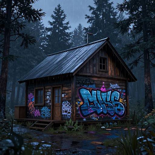 Graffiti Wooden House in Chilly Forest