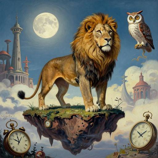 Digital fantasy artwork of a majestic lion standing on a floating island, with a wise owl, full moon, and clockwork elements.