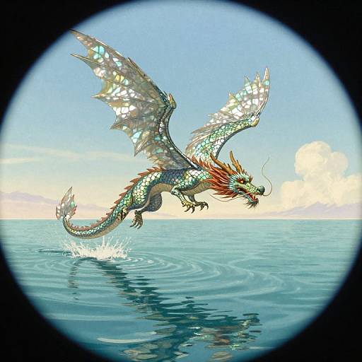Digital illustration of a vibrant, dragon-like creature with iridescent scales and red-orange mane, soaring over a calm ocean with a circular lens effect.