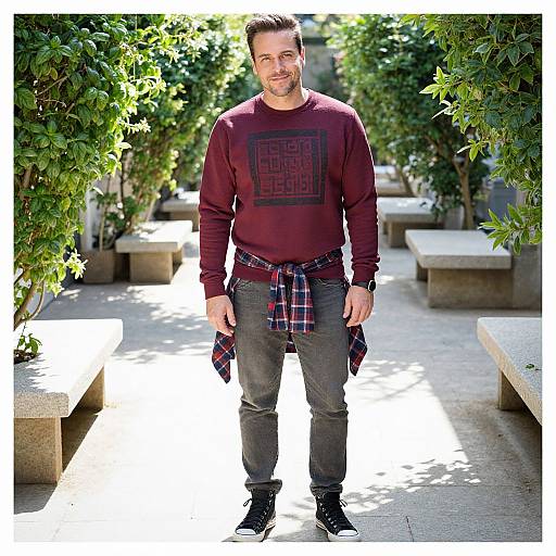 Photograph of a smiling, bearded man with short brown hair, wearing a maroon sweatshirt, gray pants, and black sneakers, with a