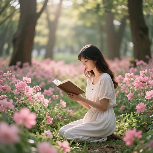 Photograph of a young woman with long dark hair, wearing a white dress, kneeling in a sunlit forest of pink flowers, reading a book.