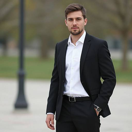 Photograph of a handsome, bearded man in a black suit, white shirt, and black pants, standing outdoors with a blurred park background.