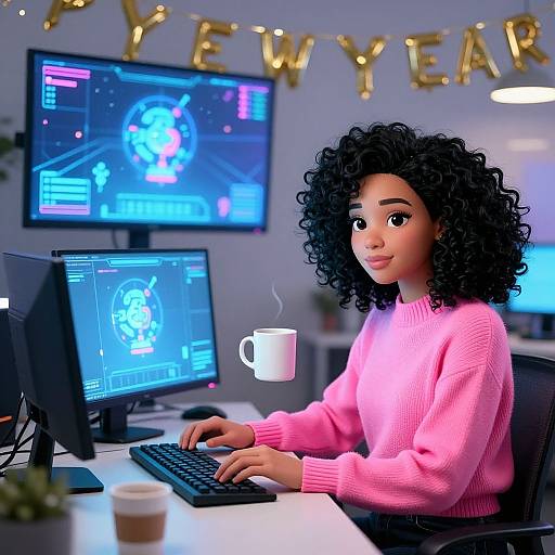 Digital illustration of a curly-haired woman with medium brown skin, wearing a pink sweater, working at a computer desk with two monitors, holding a white coffee