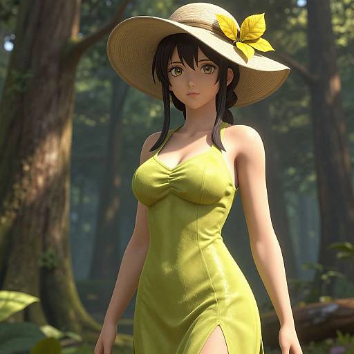 Digital anime-style drawing of a beautiful woman with black hair, green eyes, wearing a yellow sundress and wide-brimmed straw hat with a yellow