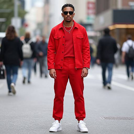 Photograph of a Black man with short curly hair, wearing a bright red jacket and pants, black sunglasses, white sneakers, and gold chains, standing