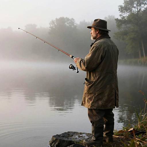 Elderly Fisherman on Misty Dawn Lake