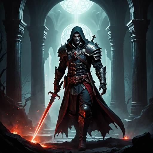 Dark Warrior with Flaming Sword in Gothic Ruins