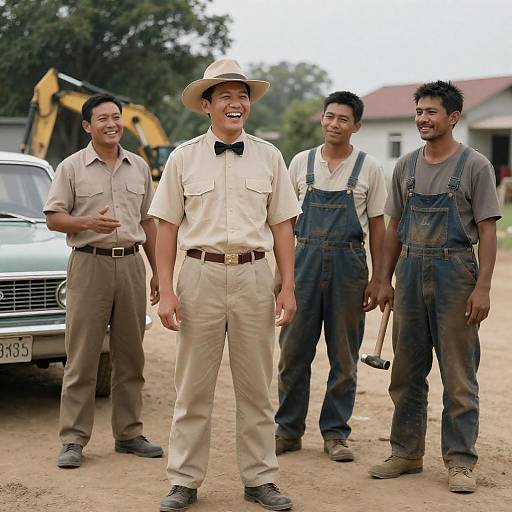Four Men with Vintage Car on Construction Site