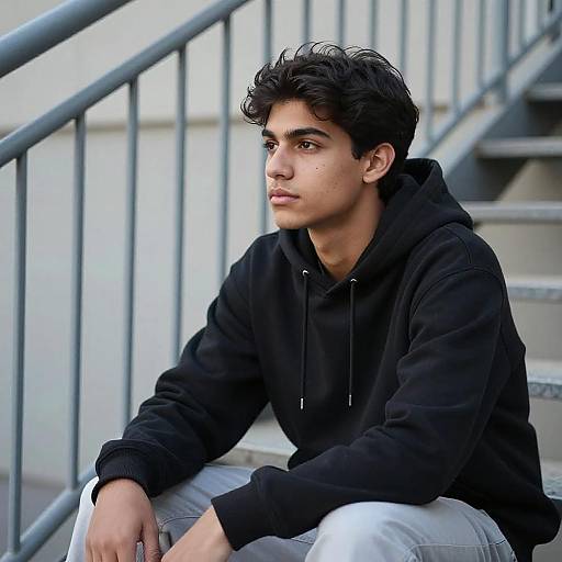 Thoughtful Young Man on Metal Stairs