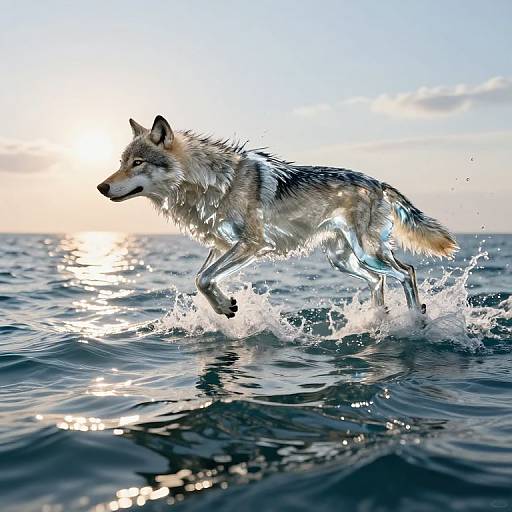 Photograph of a wolf with wet, gray and white fur, running through splashing ocean waves at sunset, sunlight reflecting off its fur.