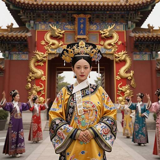 Photograph of a young Asian woman in ornate, golden traditional Chinese attire with intricate embroidery, standing in front of a vibrant, red, dragon-ad