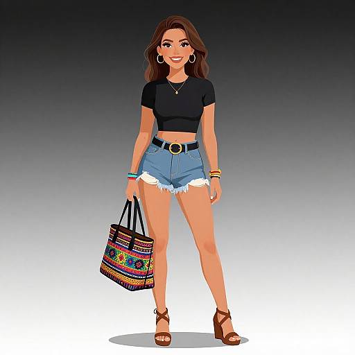 Digital illustration of a smiling, brown-haired woman in a black crop top, high-waisted denim shorts, brown sandals, colorful bracelet, and pattern