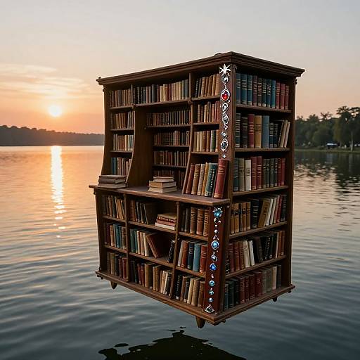 Photorealistic CGI of a floating wooden bookshelf with ornate patterns, filled with books, set against a serene sunset over a calm lake.
