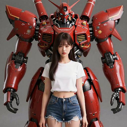 Photograph of an Asian woman with long black hair, wearing a white crop top and denim shorts, standing in front of a large, red, red
