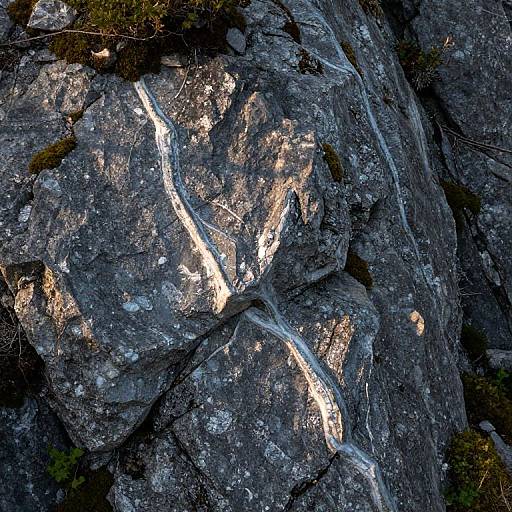 Aerial photograph of a rugged, sunlit rock formation with a winding, white stream cutting through, surrounded by sparse greenery.