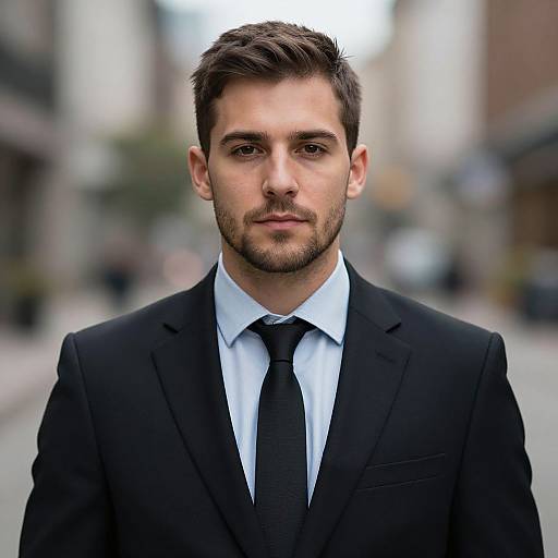 Photograph of a serious, attractive, young white man with short brown hair and beard, wearing a black suit, white shirt, and black tie,