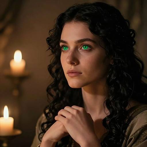 Photograph of a pale-skinned woman with striking green eyes and curly black hair, hands clasped, illuminated by warm candlelight in a dimly