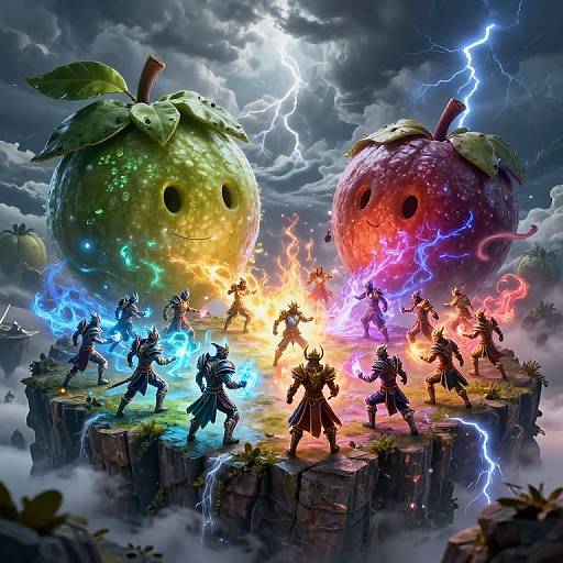 Fantasy battle scene: armored warriors with colorful lightning powers face giant, glowing fruit monsters in a stormy sky. Dynamic, vibrant CGI artwork.