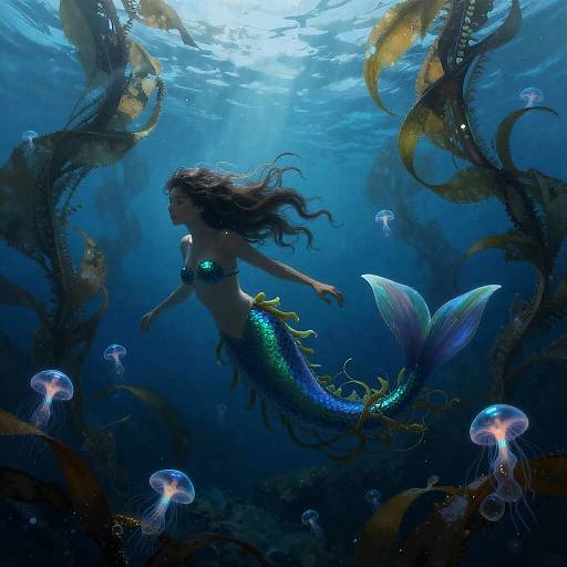 Bioluminescent Mermaid Entangled in Midnight Kelp Forest