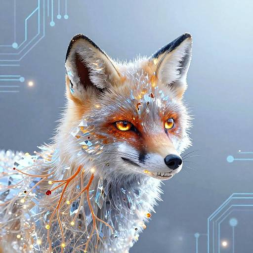 Digital artwork of a realistic, glowing red fox with intense orange eyes, surrounded by sparkling lights against a futuristic, blue-grey background.