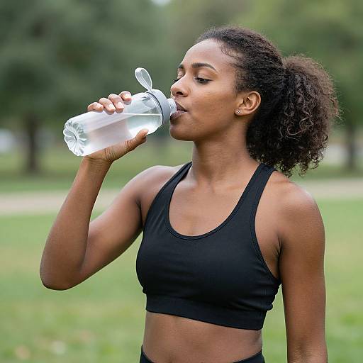 Photograph of a young Black woman with curly hair, drinking from a clear water bottle in a grassy park, wearing a black sports bra.